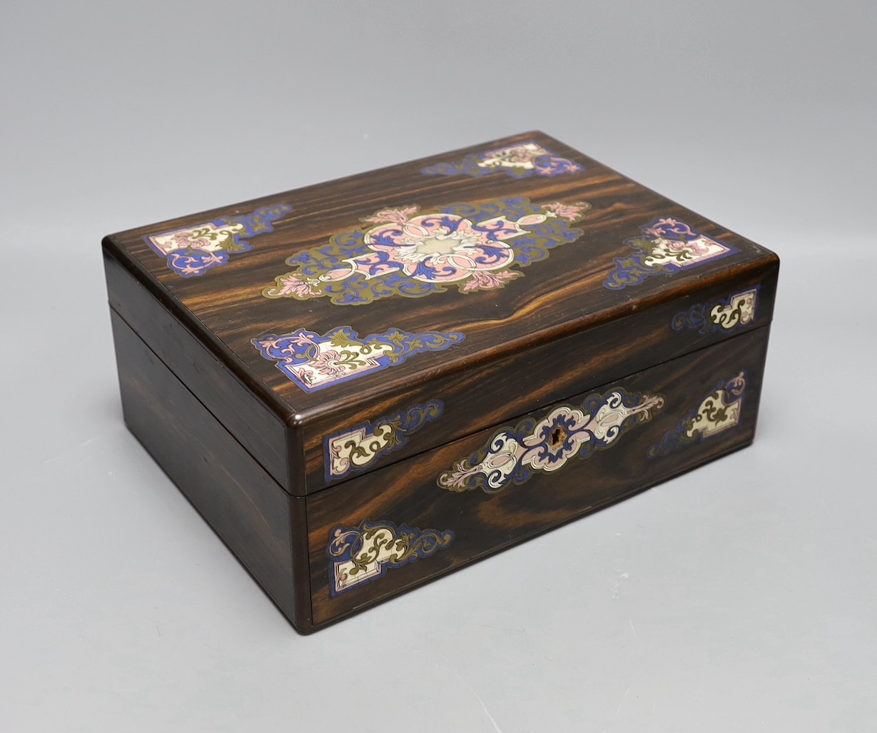 A French rosewood brass inlay and enamelled box, interior missing, 31 cms wide x 12 cms high